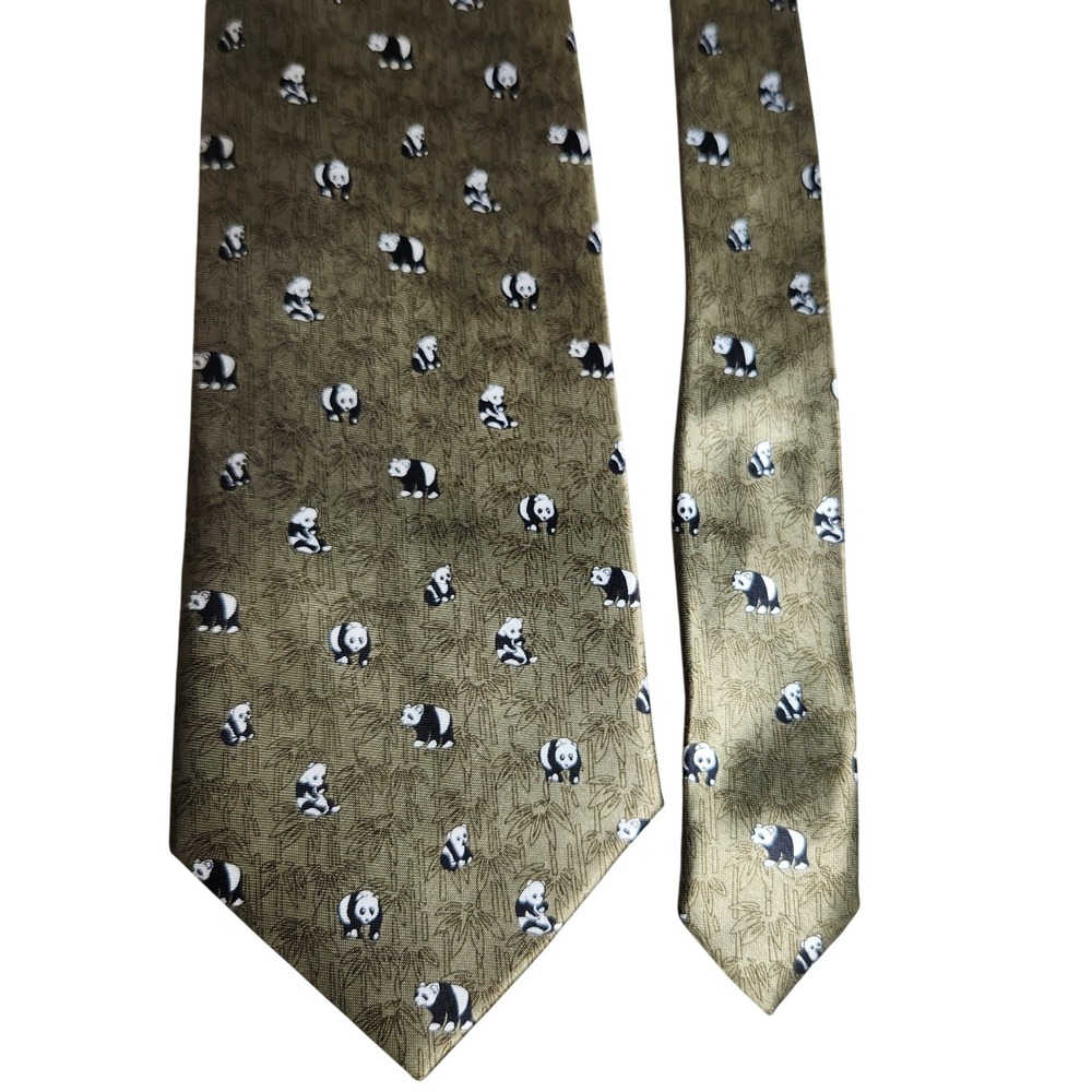 Kai Long Tie Panda Bamboo 100% Silk Vintage 90s Novelty Olive‎ Green 3.75" Wide